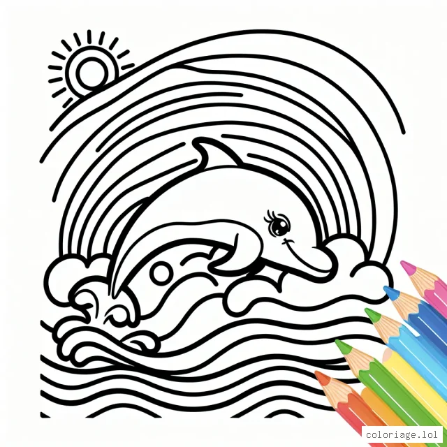 Un dauphin qui fait du surf sur une vague arc-en-ciel