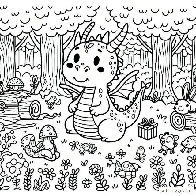 Dessine un petit dragon qui joue dans une forêt pleine d'animaux amusants et de trésors cachés.