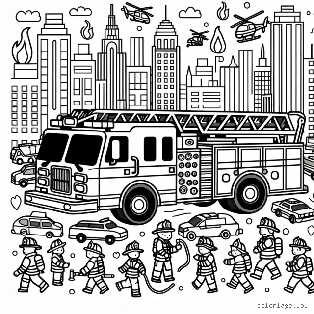 Camions de pompier détaillés avec des pompiers en action dans une ville animée