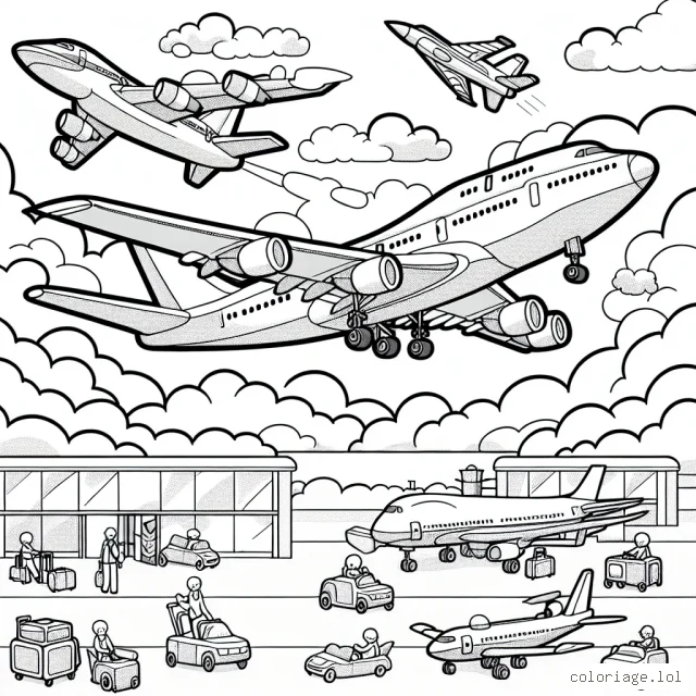 Au milieu du ciel dégagé, un grand avion de ligne vient de décoller de l'aéroport le plus proche. Plusieurs autres avions, y compris un avion de chasse rapide et agile et un petit avion à hélices, naviguent à travers les nuages. Sur terre, les enfants peuvent voir l'activité trépidante de l'aéroport, avec d'autres avions prêts à décoller et des bagagistes travailleurs chargeant les avions.