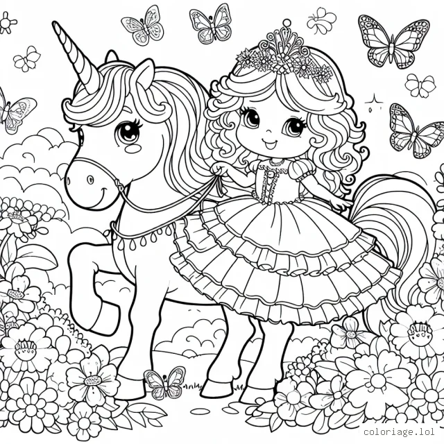 Une petite princesse avec une grande robe à volants tient une licorne magique par le licol dans un jardin féerique rempli de papillons et de fleurs multicolores.