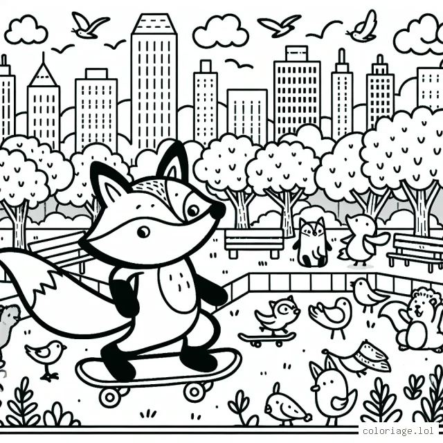 Un renard qui fait du skate dans un parc urbain peuplé de toutes sortes d'animaux