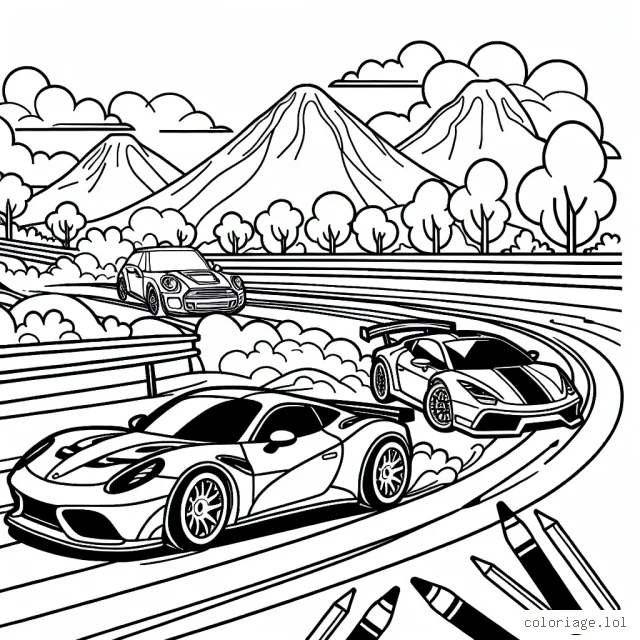 Un circuit de course animé avec différentes voitures de sport