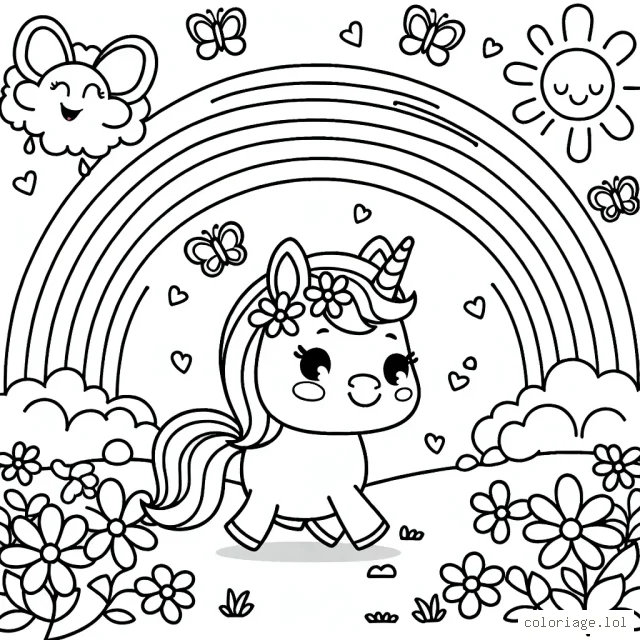 Une petite licorne mignonne se promène dans un jardin fleuri, entourée de papillons multicolores et d'un arc-en-ciel. Dessus le soleil souriant brille dans le ciel.