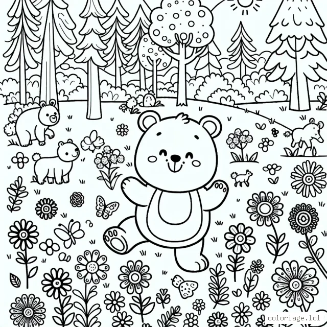 Un petit ours qui joue au milieu d'une forêt enchantée remplie d'animaux et de fleurs multicolores