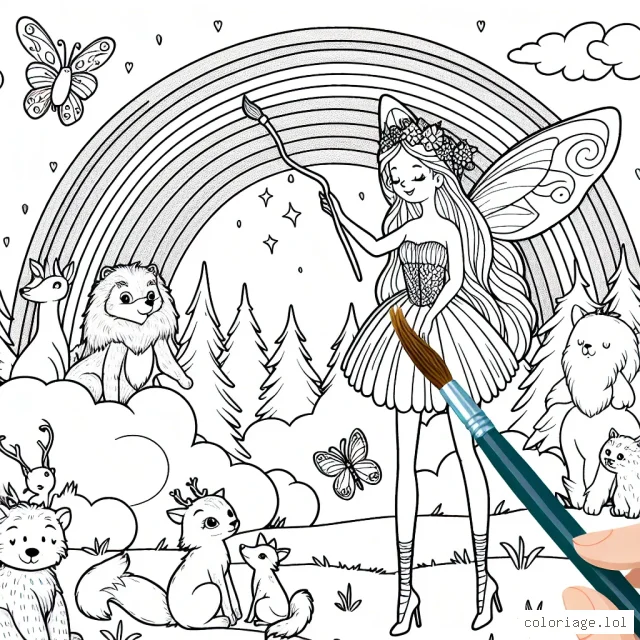 Imagine une fée légendaire en train de peindre un arc-en-ciel dans le ciel avec sa baguette magique. À ses pieds, se trouvent différents animaux de la forêt qui observent en admiration