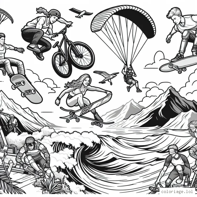 Imagine des sportifs exécutant des cascades incroyables dans des sports extrêmes. Tu peux inclure du BMX, du surf de grosses vagues, du skate, du parapente et de l'escalade en montagne.