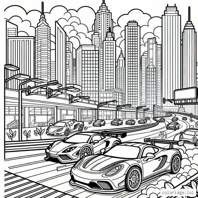 Dessine une course épique de voitures de sport à travers une ville animée