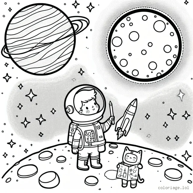 Un petit garçon habillé en astronaute, debout sur une lune brillante, regardant le système solaire étincelant avec une carte stellaire dans une main.