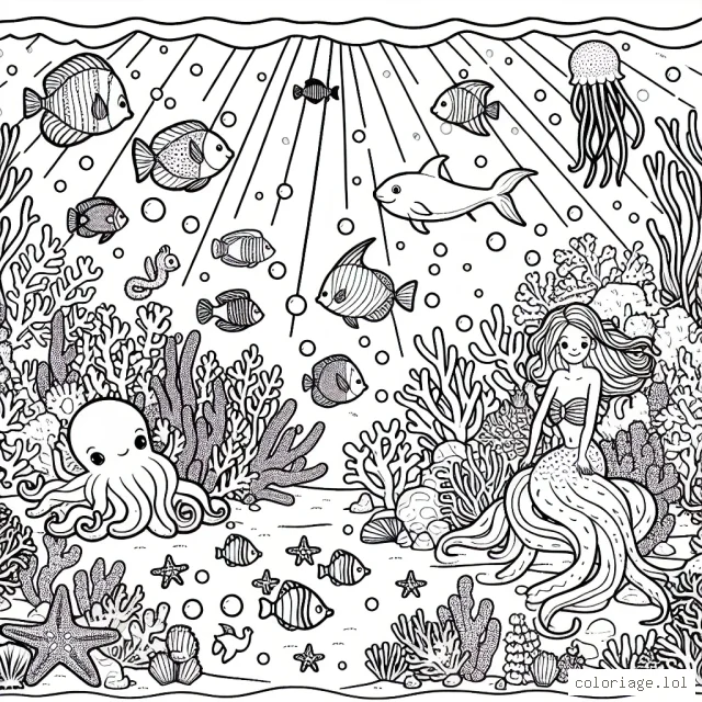 Imagine un pays des merveilles sous la mer, peuplé de poissons colorés, de coraux brillants, de pieuvres amicales et de sirènes gracieuses. Dessine aussi un trésor caché, protégé par un amical requin.