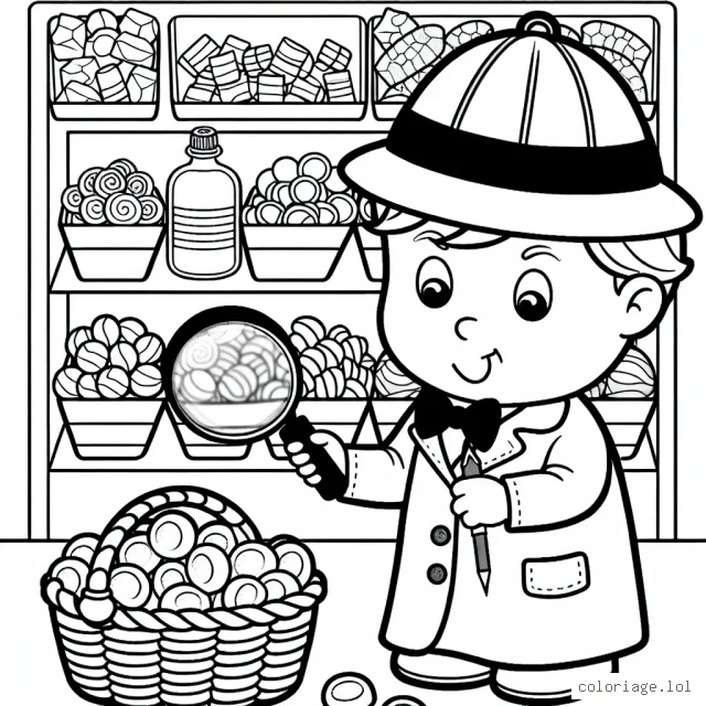 Tu es un jeune détective privé qui enquête sur la disparition de sucreries dans une confiserie. Dessine-toi avec ta loupe qui regarde un panier plein de bonbons de couleurs différentes sur une étagère.