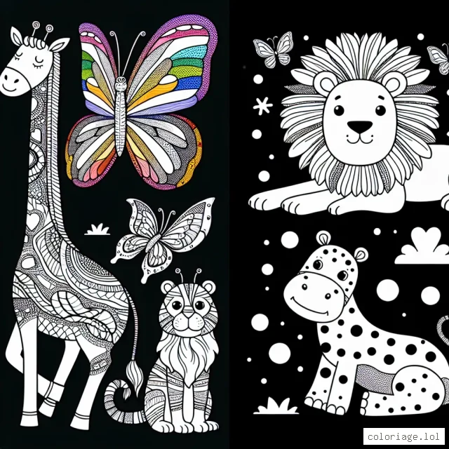 Un zoo imaginaire avec des animaux extraordinaires tels qu'une girafe avec des ailes de papillon, un lion avec des couleurs de l'arc-en-ciel et un hippopotame avec des pois.