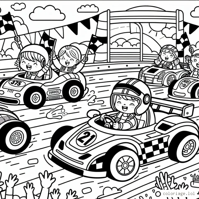 Dessine une scène de course de voitures colorées avec des enfants comme pilotes
