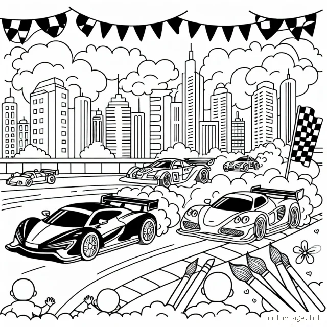 Dessine une course passionnante de voitures de sport colorées avec un paysage urbain en arrière-plan. Assure-toi d'ajouter beaucoup de détails comme des éclats de fumée provenant des pneus, des drapeaux de course flottant dans le vent et des bâtiments intéressants en arrière-plan. N'oublie pas le public qui regarde la course avec excitation !