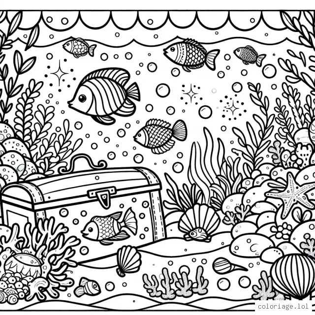 Une scène sous-marine animée pleine de poissons colorés, de coquillages brillants, de plantes aquatiques et un petit trésor caché