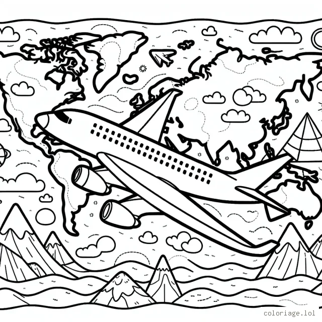 Un avion de ligne survolant le monde, traversant différents paysages - montagnes, océans, villes et forêts.
