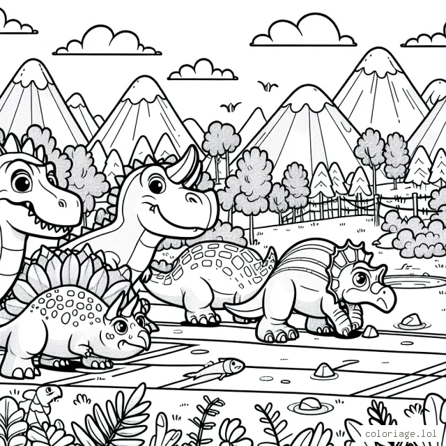 Les dinosaures organisent une grande course dans leur vallée. Le T-Rex, le Tricératops, le Stégosaure et le Vélociraptor sont prêts pour le départ. Il y a également des montagnes, des arbres, des rochers et un étang dans lequel nagent des poissons préhistoriques. Le ciel est dégagé avec juste quelques nuages et le soleil brille.