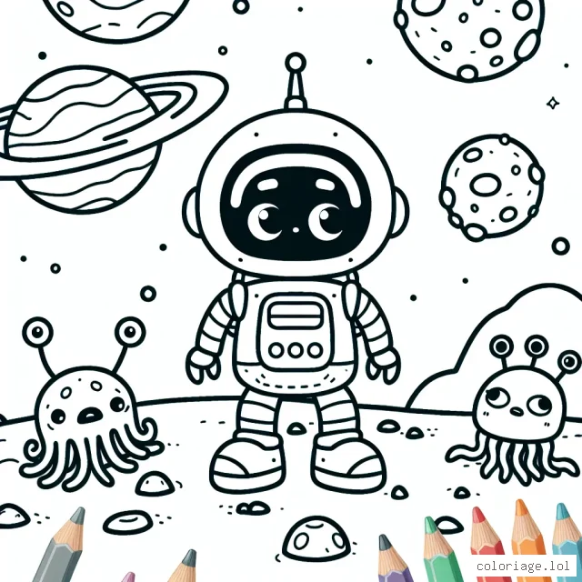 Un petit robot mignon explorant une planète lointaine avec des créatures extraterrestres colorées