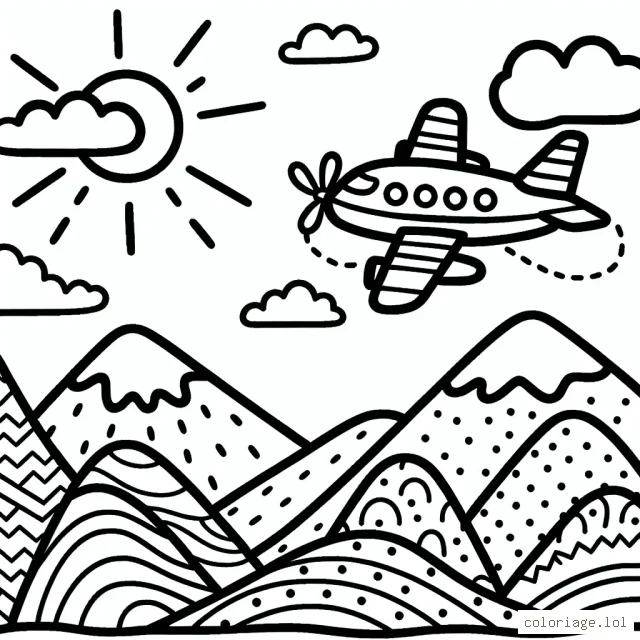 Décris un avion volant au-dessus des montagnes, avec le soleil couchant à l'horizon