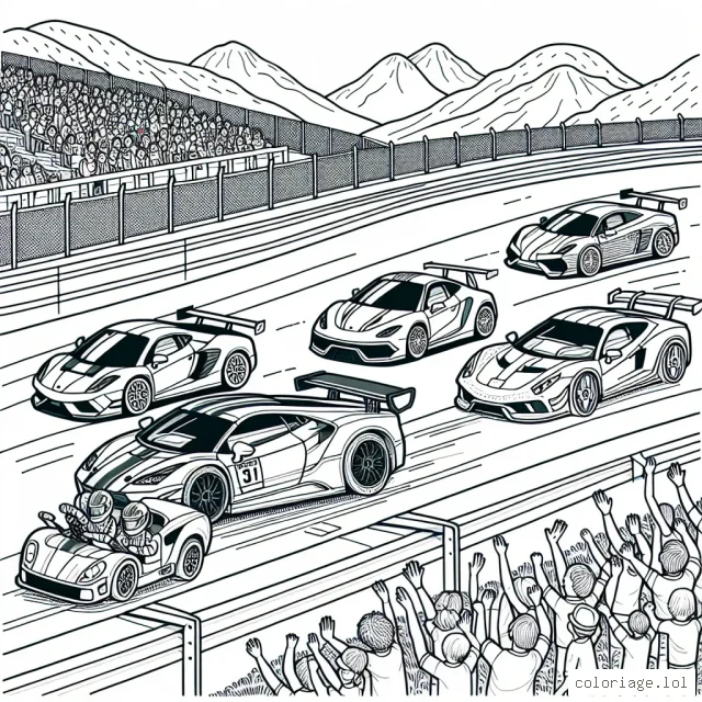 Dessine une image qui montre plusieurs voitures de sport en cours de course sur une piste, avec des montagnes en arrière-plan. Les voitures peuvent être de différents modèles et de différentes couleurs, avec des pilotes heureux à leur volant. L'illustration doit aussi comprendre des spectateurs encouragent les pilotes depuis les gradins autour de la piste.