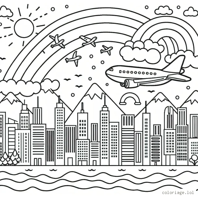 Un avion survolant une ville pleine de gratte-ciels, avec des montagnes au loin, un arc-en-ciel dans le ciel et des oiseaux volants tout autour.