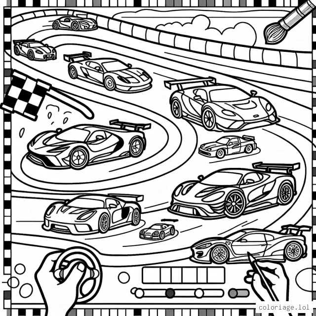 Dessine une course passionnante de voitures de sport avec une variété de voitures colorées sur une piste de course animée