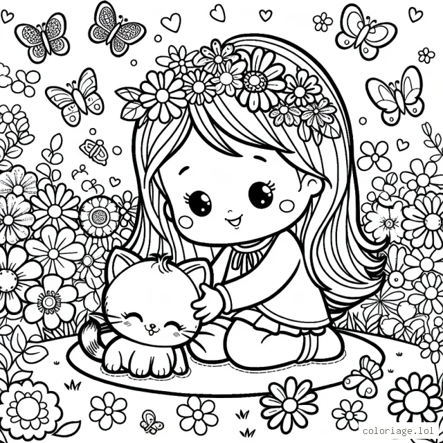 Une petite fille avec son adorable chaton jouant dans un jardin printanier plein de fleurs colorées et de papillons voltigeants