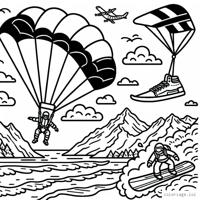 Dessine un parachutiste en plein saut, entouré de montagnes et de nuages, surfers surfant sur de grandes vagues en mer et d'un snowboarder dévalant une pente enneigée.