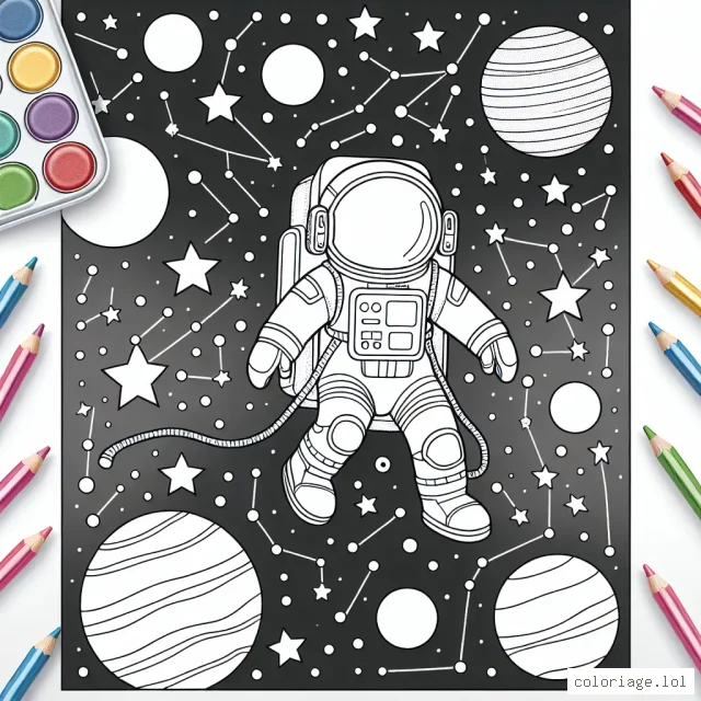 Un astronaute flotte dans l'espace, autour de lui constellations lumineuses et planètes colorées