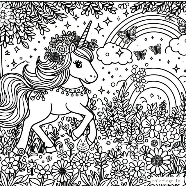 Imagine une licorne princesse dans un jardin enchanté rempli de fleurs, papillons et arc-en-ciel.