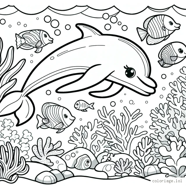 Imagine une scène sous-marine vibrante ou un dauphin heureux nage avec ses amis, les poissons colorés. Pense à ajouter des coraux, des algues et peut-être même un trésor caché !
