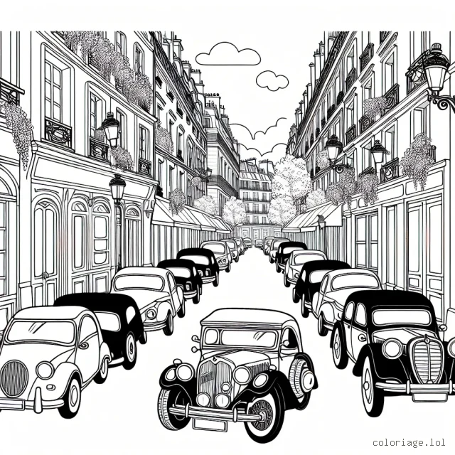 Dessine une ruelle animée à Paris, surprend une collection exceptionnelle de voitures anciennes garées le long de la rue, mélangeant des couleurs vives et des teintes plus douces pour créer une expérience de coloriage riche et variée.