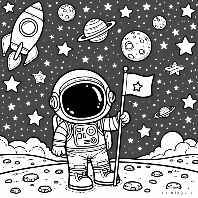 Imaginez un jeune astronaute avec sa combinaison spatiale, brandissant un drapeau avec une étoile sur un sol lunaire, une fusée en arrière-plan et de nombreuses étoiles et planètes dans le ciel nocturne étoilé.