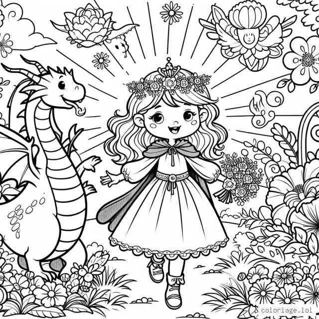 Dans ce dessin, une petite princesse part à l'aventure dans un royaume magique. Elle est accompagnée de son fidèle dragon et a le don de parler aux fleurs multicolores autour d'elle.
