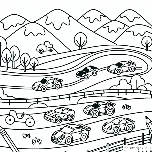 Dessine une course palpitante entre différentes voitures sur une piste de course sinueuse avec des montagnes en arrière-plan