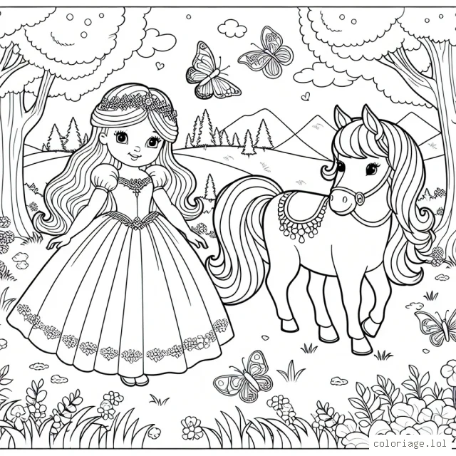 Un monde féerique avec une belle princesse, son fidèle poney, et des papillons colorés dans une forêt enchantée.