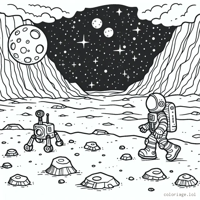 Imagine une scène où un astronaute courageux explore la surface lunaire avec son compagnon robotique. Les cratères, les rochers, l’étoile lointaine, sont tous prêts à être colorés.
