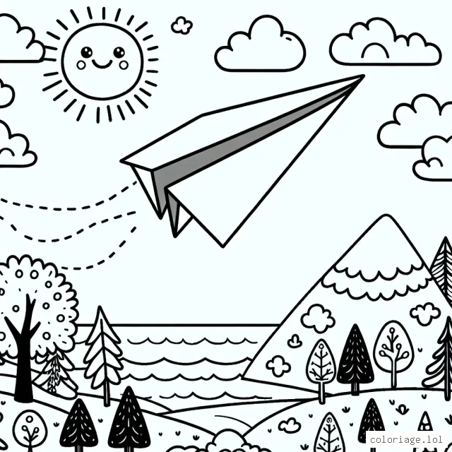Cet avion en papier vole dans le ciel avec des nuages. Il survole une forêt, un océan et une montagne. Il y a un soleil souriant dans le coin.
