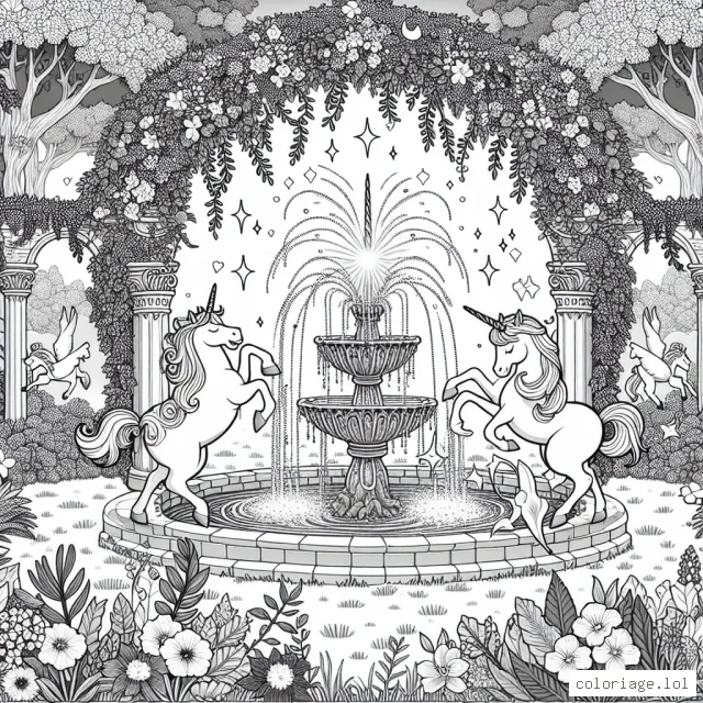 Un jardin enchanté avec des licornes dansant autour d'une fontaine magique
