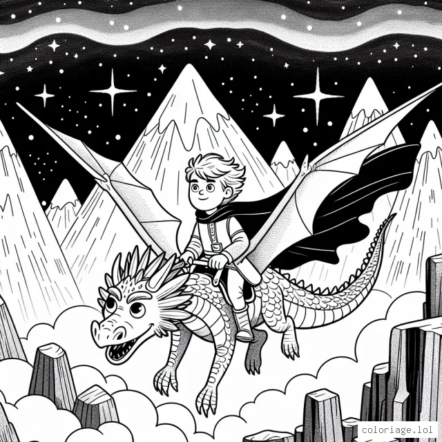 Un jeune prince courageux chevauchant un dragon sympathique dans un paysage montagneux avec un ciel étoilé