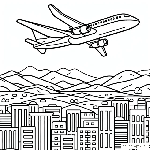 Un avion de ligne survolant un paysage urbain avec des montagnes en arrière-plan