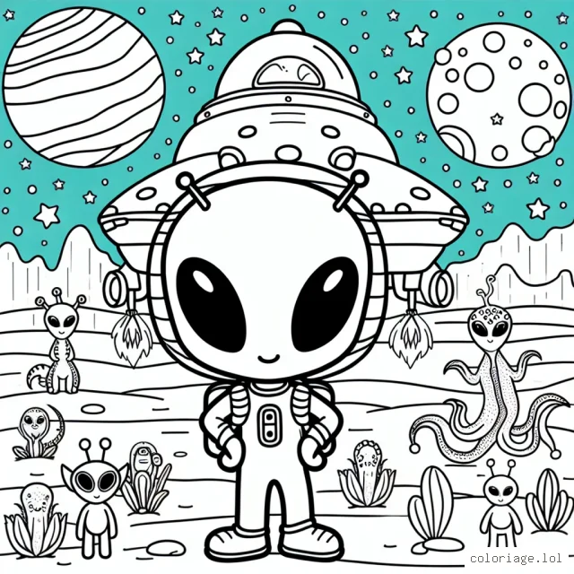 Un petit extraterrestre posant devant son vaisseau spatial sur une planète lointaine, entouré de créatures fantastiques colorées.
