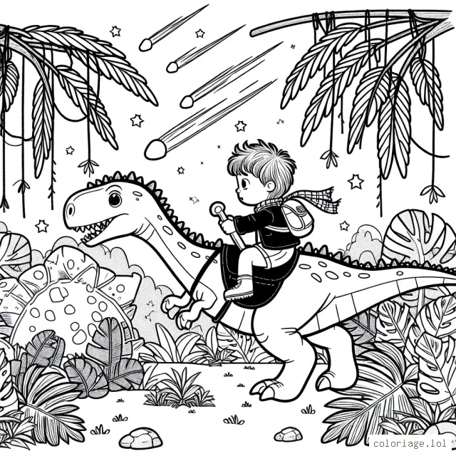 Un jeune garçon courageux traverse la jungle à dos de dinosaure, tout en esquivant des feuilles de palmier géantes et des lianes pendantes. La pluie de météorites dans le ciel apporte une autre dimension d'aventure à la scène.