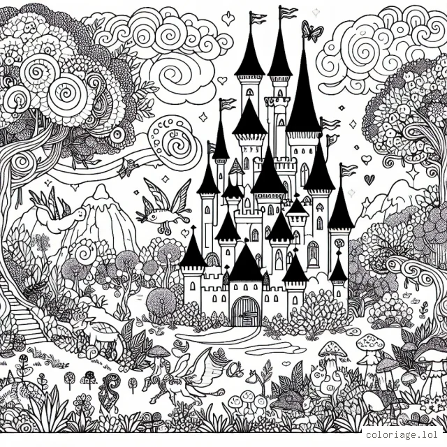 Un château enchanté au milieu d'une forêt enchantée peuplée de créatures magiques
