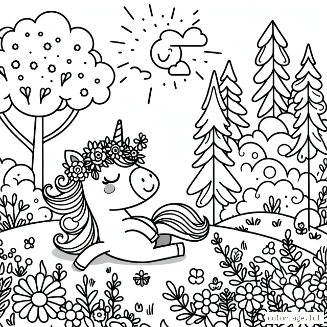 Après avoir traversé une forêt enchantée, une petite licorne a découvert une clairière secrète remplie de fleurs. Elle décide de passer la journée là, à lézarder au soleil et à gambader joyeusement. Créons une scène colorée de cette journée de bonheur pour la petite licorne.