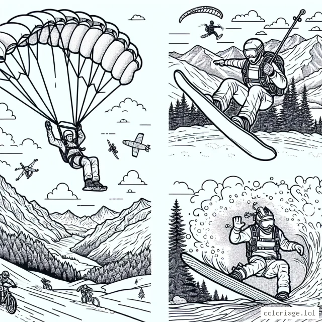 Un athlète s'apprête à sauter en parachute, avec son équipement complet, au-dessus d'une montagne enneigée, un snowboarder effectue un saut acrobatique dans les airs, tandis qu'un surfeur saisit la vague parfaite dans un océan animé. A côté, un skieur dévalez une pente abrupte lors d’une course de slalom alpin. Dans un coin se trouve un cycliste effectuant un saut incroyable au-dessus d'un canyon escarpé.