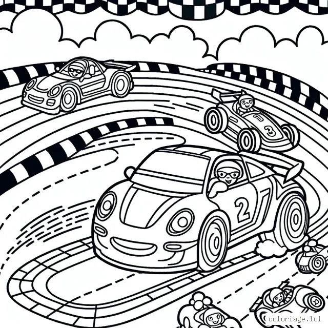 Dessine des voitures de course en pleine compétition sur un circuit animé