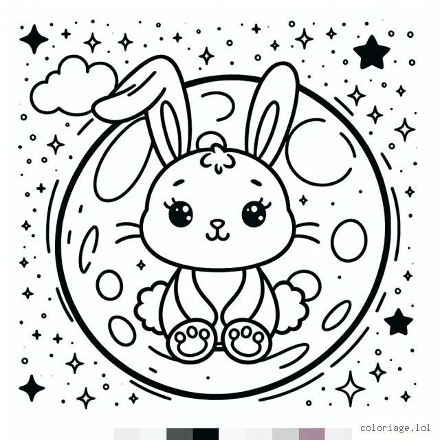 Un adorable petit lapin venu de l'espace débordant de couleur avec des étoiles pétillantes, assis sur une douce lune