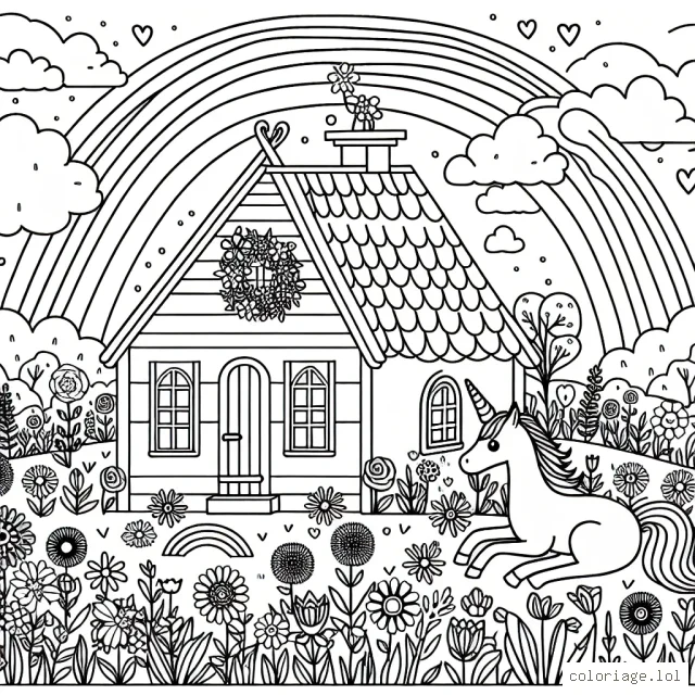 Un joli chalet dans un champ de fleurs avec une licorne jouant près d'un arc-en-ciel.