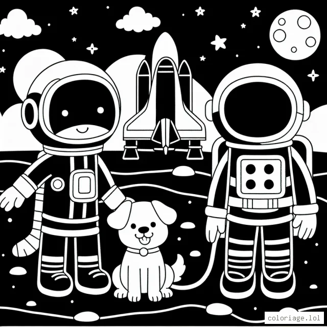 Un astronaute avec son chien sur Mars à côté d'une navette spatiale